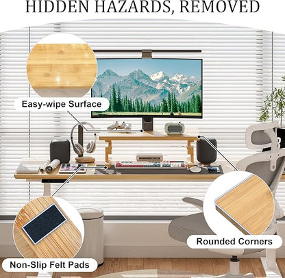 Bamboo Monitor Stand Riser for Desk, Height Adjustable Computer Riser & Laptop Stand, Ergonomic Desktop Organizer Shelf W/ Underneath Storage, Sturdy 100 lbs Capacity for Printer/TV/Home Office