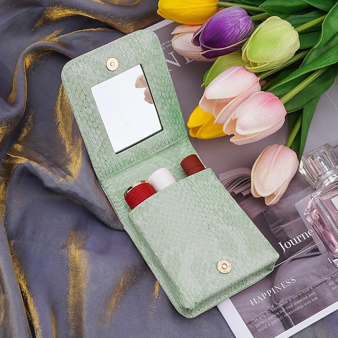 Lipstick Holder, Lipstick Case with Mirror, Mini Portable Makeup Holder for Women Girls, for Outside Mini bag Travel Cosmetic Pouch (1Pcs) (Green)