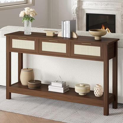 Luoxiao Console Table for Entryway with 3 Rattan Drawers Boho Entry Table with Storage Open Shelf, Narrow Long Sofa Tables for Living Room, Hallway, Foyer, Couch, Front Door, Walnut, 47 Inch