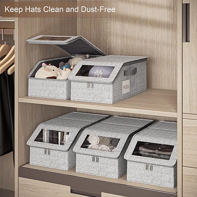 4 PCS Hat Organizer for Baseball Caps, Multi Functional Storage Box (Accommodates 48 Hats) with Visible Window and Zipper - Gray