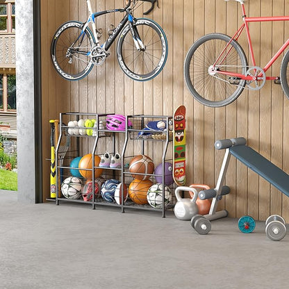 Garage Sports Equipment Organizer with Wheels - Ball Storage Rack with Elastic Rope or Wire Mesh,Garage Organizer System,Indoor/Outdoor Sports Rack for Sports Gear and Toys Storage,Black