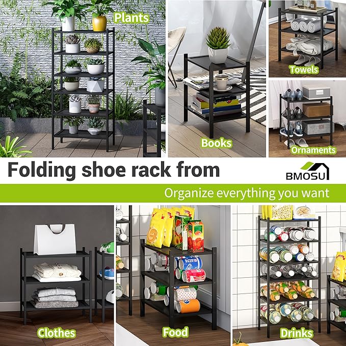 BMOSU 3-Tier Bamboo Small Shoe Rack Premium Stackable Shoe Shelf Storage Organizer for Hallway Closet Living Room Entryway Organizer(Black)