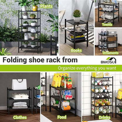 BMOSU 3-Tier Bamboo Small Shoe Rack Premium Stackable Shoe Shelf Storage Organizer for Hallway Closet Living Room Entryway Organizer(Black)