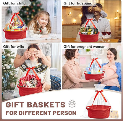 Small Woven Red Gifts Basket for Storage Empty with Ribbons and Bags Durable Cute Gifts 12"X 8" X 5" Small Rope Basket for Gifting