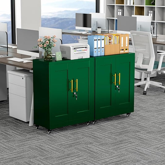 Metal Storage Cabinet with Lock and Wheels, Steel Tool Cabinet with 2 Door and 2 Adjustable Shelves, 35” Tall Lockable File Cabinet, Garage Cabinet, Rolling Cabinet for Home Office - Green