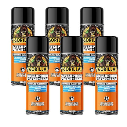 Gorilla Waterproof Patch & Seal Rubberized Sealant Spray, Black, 16 Ounce (Pack of 6) - Seals Out Water, Air, and Moisture