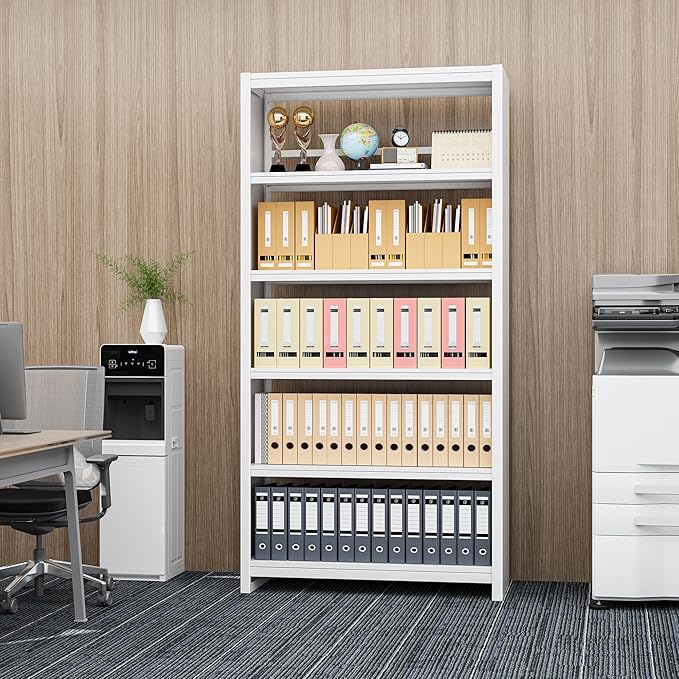 Bookshelf, Tall Bookcase for Books, CDs, Movies, Garage Kit, 5 Tier Book Shelf, Modern Display Shelf for Library Home Office Bderoom Living Room, Metal Bookshelves Industrial White