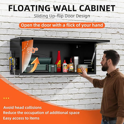 Metal Garage Wall Cabinet, Floating Garage Tool Cabinets with Up-Flip Door,13.8''H Hanging Wall Mounted Storage Cabinet for Garage, Warehouse, Kitchen, Bathroom, Workshop, RV, Black