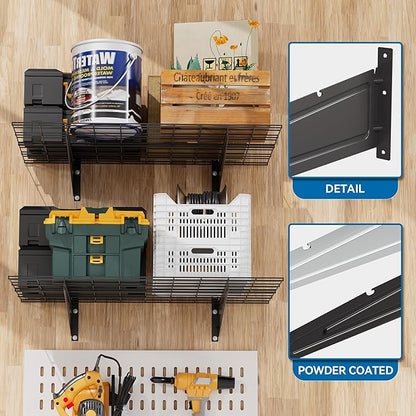2-Pack 1x6ft Garage Wall Shelving, 12"x72" Shelf Storage Rack Floating Shelves Wall Mounted, Heavy Duty Storage Shelves, 800lbs Load Capacity, with 16 Hooks for Garage Organization, Black