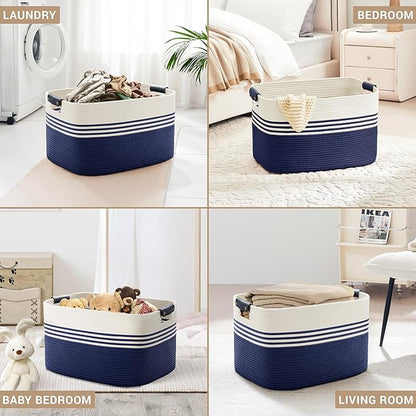 100L Extra Large Laundry Basket with Leather Handles for Living Room Storage, Woven Rope Baskets for Blanket, Kids Toy, Gifts, Wicker Hamper for Bedroom Dirty Clothes, 24"x16"x16" White Navy