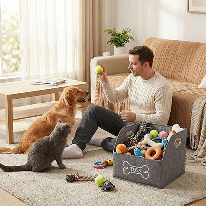 Foldable Dog Toy Basket-Dog Toys Bin-Dog Toy box-Storage Basket with Handle,Organizer Bin for Pet Toys, Blanket, Shelves, Closet -gray