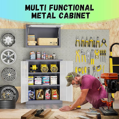 Bonusall Metal Garage Storage Cabinet, 36" H Locking Cabinets with 2 Adjustable Shelves, 2 Door Small Pantry Storage for Home Office, Kitchen, Bathroom (White Grey)