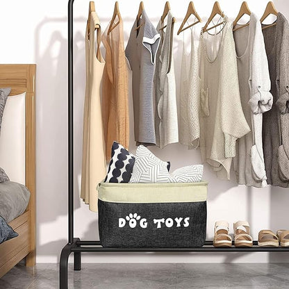 PET ARTIST Dog Toy Basket, Collapsible Dog Toy Bin Box with Comfortable Handles, Large Pet Toy Storage Organizer for Accessories, Toys, Coat & Clothing, Blanket & Leash, Black, 15"x11"x9"