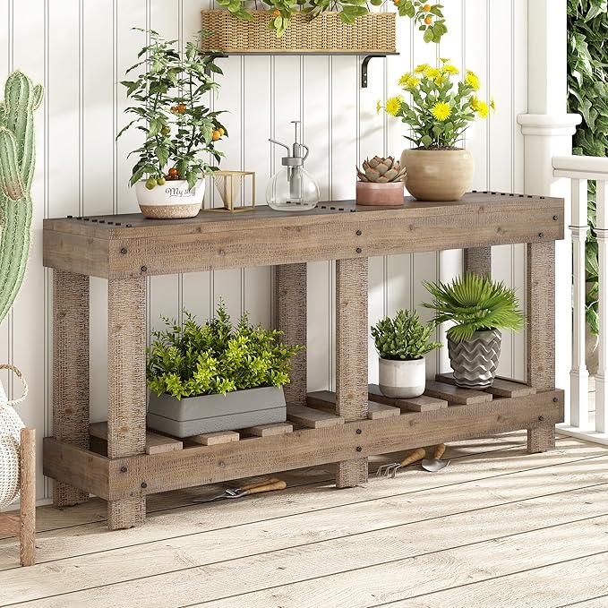 62.9-Inch Extra-Length Tabletop Vintage Entryway Table, Solid Cedar Wood Console Table with 6 Reinforced Legs, Metal Rivet Decor and Plank Under-Shelf for Hallway, Living Room (Natural-J41)