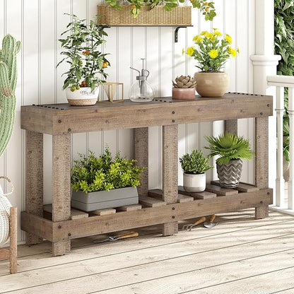 62.9-Inch Extra-Length Tabletop Vintage Entryway Table, Solid Cedar Wood Console Table with 6 Reinforced Legs, Metal Rivet Decor and Plank Under-Shelf for Hallway, Living Room (Natural-J41)