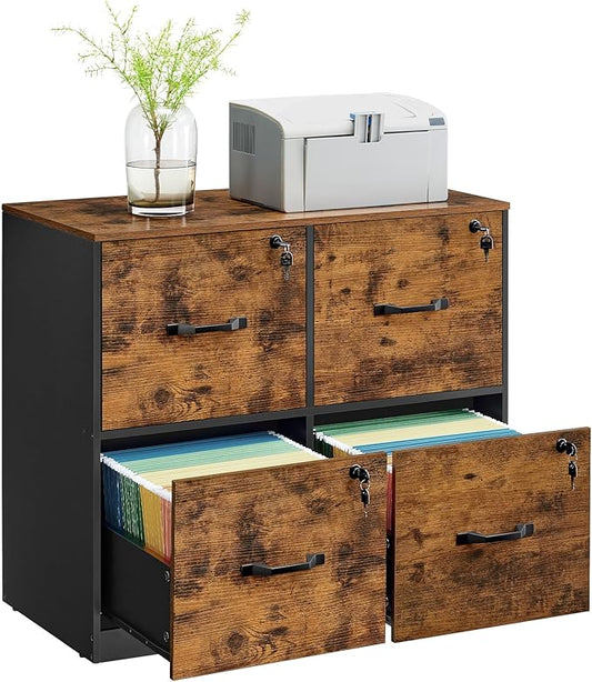 VASAGLE 4 Drawer File Cabinet with Lock, Printer Stand, Office Filing Cabinet Organizer, for A4 and Letter Size Documents, Rustic Brown and Black UOFC062B01