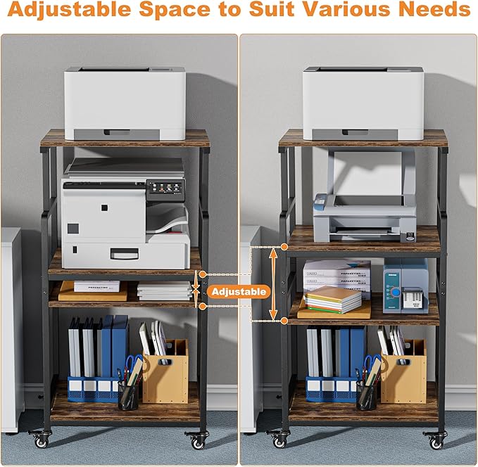 Aquzee 4-Tier Printer Stand, Large Printer Table with Wheels, Open Printers Table for Home Office, Rolling Printers Cart with Wheels, 5-Adjustable Heights, 27.5" W*19.7" D*49.3" H, Rustic Brown