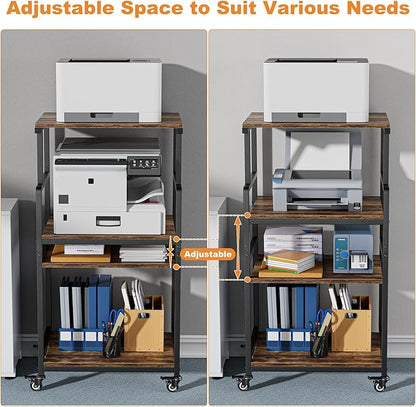 Aquzee 4-Tier Printer Stand, Large Printer Table with Wheels, Open Printers Table for Home Office, Rolling Printers Cart with Wheels, 5-Adjustable Heights, 27.5" W*19.7" D*49.3" H, Rustic Brown