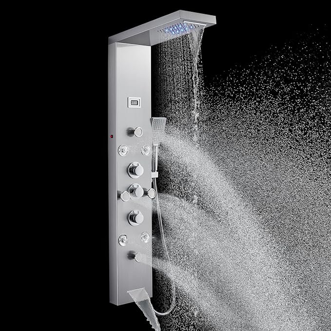 POPFLY LED Rainfall Waterfall Shower Panel Tower System, 4 Body Jets and 4 Mist Spray, 3-Function Handheld Shower, 304 Stainless Steel Shower Tower with Temp Display, Brushed