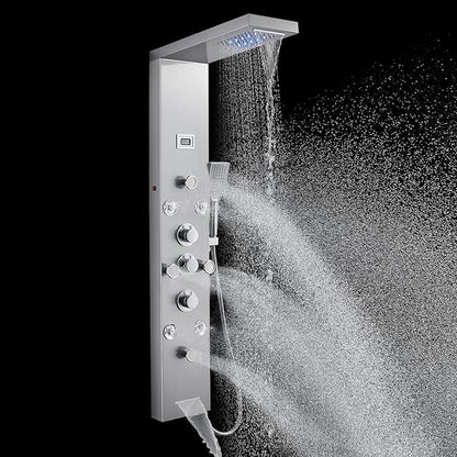 POPFLY LED Rainfall Waterfall Shower Panel Tower System, 4 Body Jets and 4 Mist Spray, 3-Function Handheld Shower, 304 Stainless Steel Shower Tower with Temp Display, Brushed