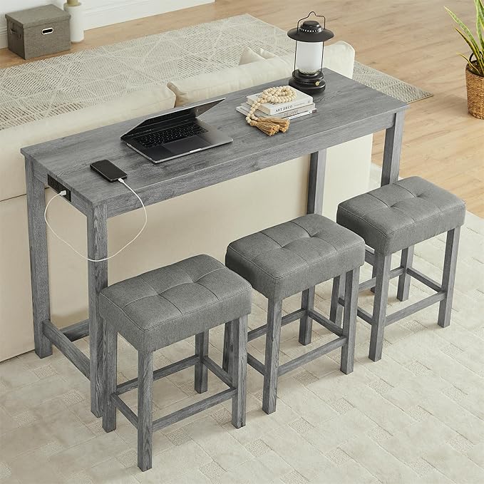 59" Power Outlet Mid Century Console Table, Slim Console Table with Solid Wood Frame, Long Narrow Console Tables for Living Room & Kitchen, Grey