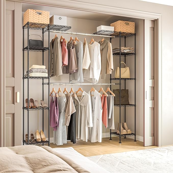 Seville Classics Closet Garment Organizer with Metal Hanging Rod Wardrobe Storage System, w/ Steel Shelves for Clothes, Shirts, Jackets, Coats, Blankets, Shoes, Satin Bronze, Expandable Rack