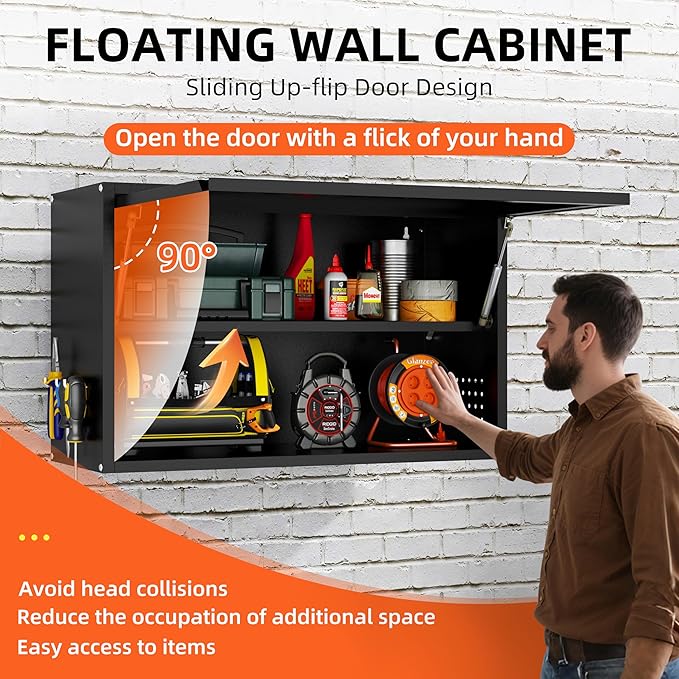 Garage Wall Cabinet, Floating Metal Wall Cabinet with Up-Flip Door and Shelves,19.7''H Hanging Wall Mounted Storage Cabinet for Garage, Warehouse, Workshop, RV