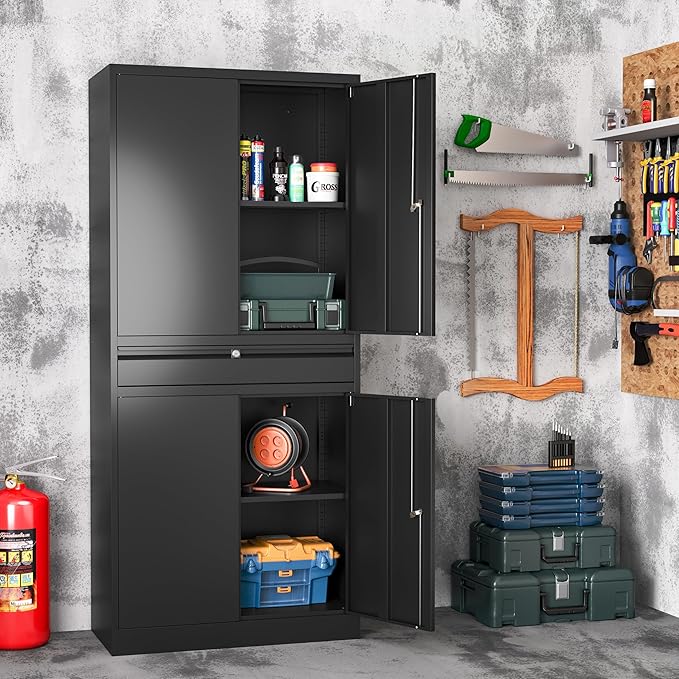 Metal Storage Cabinet with Drawer, Garage Storage Cabinet with Locking Doors and Adjustable Shelves for Garage, Home Office,Warehouse (Black)