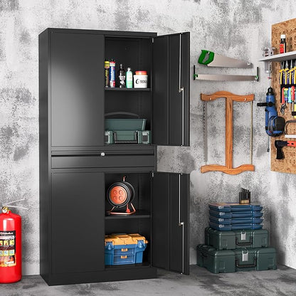 Metal Storage Cabinet with Drawer, Garage Storage Cabinet with Locking Doors and Adjustable Shelves for Garage, Home Office,Warehouse (Black)