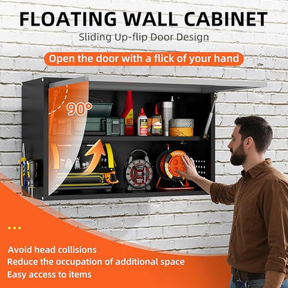 Garage Wall Cabinet, Floating Metal Wall Cabinet with Up-Flip Door and Shelves,19.7''H Hanging Wall Mounted Storage Cabinet for Garage, Warehouse, Workshop, RV