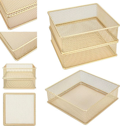 Annova Mesh Stackable Drawer Cabinet and Shelf Organizer Bins Storage Basket School Office Supply Holder Tray- Set of 2 (Gold, 6x6x2 Inch)
