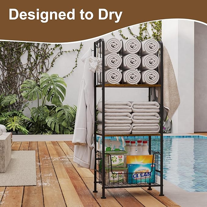 Towel Rack for Bathroom 3-Tier M-Shaped Detachable Dividers, Durable Metal Towel Holder, Pool Items Holder, Space-Saving Storage Organizer, Modern Bath Towel Shelf Free Standing Patent Pending