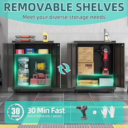 Metal Storage Cabinet with Wheels,34" Rolling Tool Cabinets with Lock&Adjustable Shelves,Locking Utility Cabinet with 1 Door for Garage, Warehouse (Black)