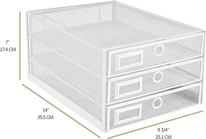 Annova Desk Organizer Wire Mesh 3 Tier Sliding Drawers Paper Sorter/Multifunctional/Premium Solid Construction for Letters, Documents, Mail, Files, Paper, Kids' Art Supplies (White)