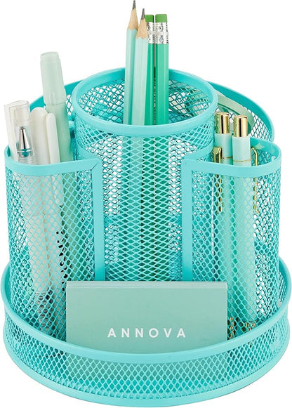Annova Mesh Desk Organizer Rotate with 5 Compartments Round Spinning Tidy Candy/Pen Holder Desk Accessories Office, Art Supply, Storage, Classroom, Home (Turquoise)