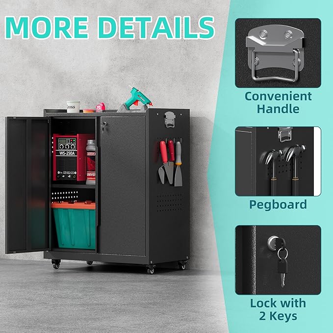 Metal Storage Cabinet with Wheels,34" Rolling Tool Cabinets with Lock&Adjustable Shelves,Locking Utility Cabinet with 1 Door for Garage, Warehouse (Black)