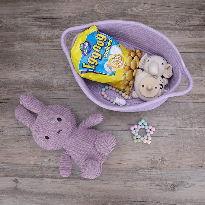 Cute Oval Cotton Rope Wicker Storage Basket with Handle - Empty Baby Nursery Box Bin Organizer for Kids, Cats, Dogs & Easter - Light Purple Lavender