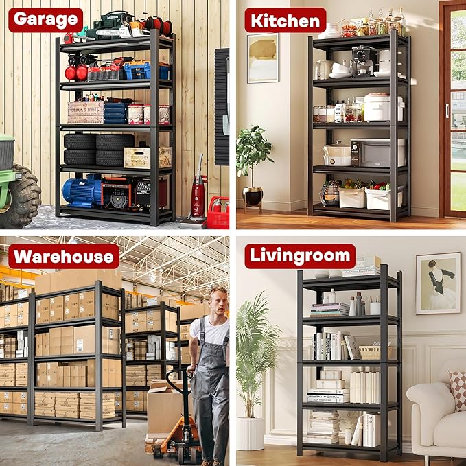 72" H x 40" W Garage Shelving Unit | Heavy Duty 5-Tier Steel | 3000LB Capacity | Garage & Basement Storage | Industrial Metal Shelving for Warehouses & Workshops | Adjustable, Rust-Resistant, Black