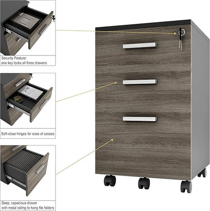 Modern Design Lazio File Cabinet, Filing Cabinets for Home Office, Drawers for Under Desk, Locking 3 Drawer Rolling Wood Filing Cabinet with Lock, Black and Grey, by Crafts and Comfort