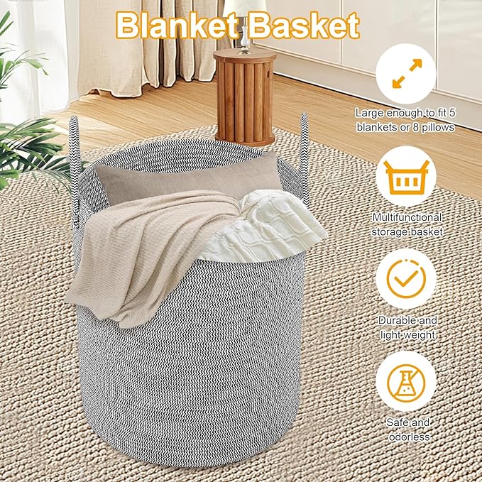 Large Woven Laundry Basket Hamper,60L Cotton Rope Storage Baskets for Blankets in living room,Decor Tall Laundry Bin for Toys Storage,Clothes Basket,Baby Basket,White and Blue