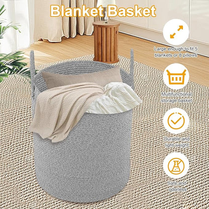 Large Woven Laundry Basket Hamper,60L Cotton Rope Storage Baskets for Blankets in living room,Decor Tall Laundry Bin for Toys Storage,Clothes Basket,Baby Basket,White and Blue