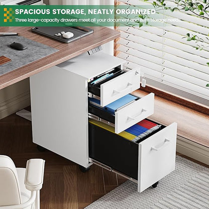 3 Drawer Slim File Cabinet, Mobile File Cabinet with Lock for Home Office, Rolling Narrow File Cabinet, Under Desk Locking Filing Cabinet on Wheels for Legal/Letter/A4 File(Unassembled,White)