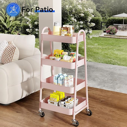 OLIXIS 4 Tier Utility Rolling Cart, Metal Mobile Storage Shelf with Lockable Caster Wheels, Organization for Livingroom, Bathroom & Narrow Places, 4-Tier Pink