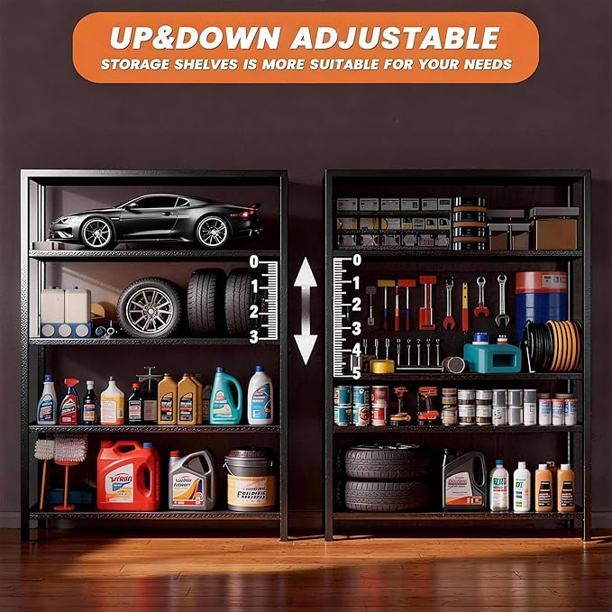 Garage Shelving Unit, Heavy Duty Metal Adjustable Storage, Steel Shelves, Industrial Shelves for Heavy Tools and Equipment, Ideal for Garage, Basement, Black (5-Tier, 72" H x 47.2" W x 23.6" D)