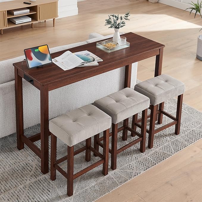 59" Power Outlet Mid Century Console Table, Slim Console Table with Solid Wood Frame, Long Narrow Console Tables for Living Room & Kitchen, Cherry