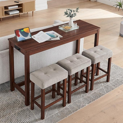 59" Power Outlet Mid Century Console Table, Slim Console Table with Solid Wood Frame, Long Narrow Console Tables for Living Room & Kitchen, Cherry