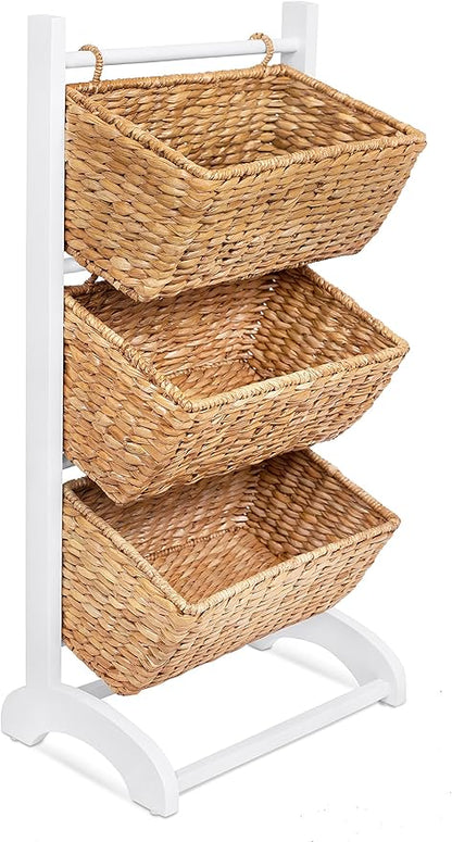 BIRDROCK HOME 3 Tier Abaca Storage Cubby (Natural) - 3 Baskets Made of Durable Seagrass Fiber - Solid Wood Frame - Child Pet Dog Toy Food Storage Organizer Shelf - Kitchen Vertical Rack Unit Stand