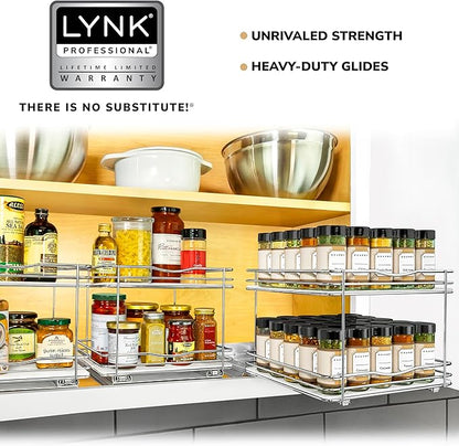 LYNK PROFESSIONAL® Pull Out Spice Rack Organizer for Inside Kitchen Cabinets - 10-3/8 inch Wide - Slide Out Drawer – Chrome Sliding Spice Organization for cabinet - Spice Racks - 2 Tier