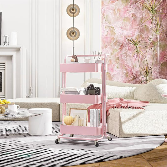 Metal Rolling Storage Cart, 3-Tier Utility Cart with Wheels, Multifunctional Organizer Storage for Kitchen, Bedroom, Office, Laundry Room, Dorm Room Essentials (Pink)