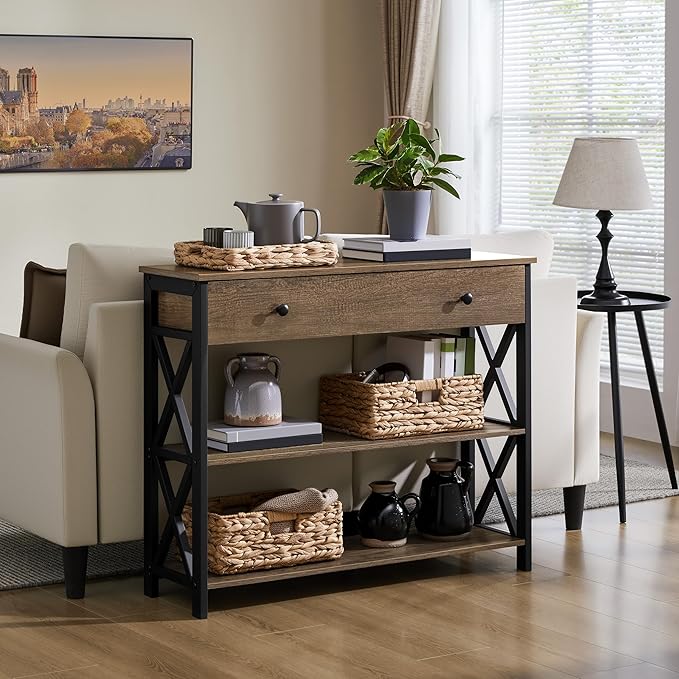 Yaheetech Console Table with Drawer and 2 Open Storage Shelves, Sofa Table for Living Room, 3-Tier Narrow Entryway Table, X-Shaped Design, Taupe Wood